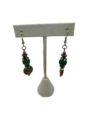 Handmade Boho Vintage Silver & Green Beaded Dangle Earrings